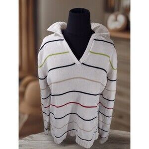 Liz Claiborne Womens Large Sweater VNeck Stripe Heavy 100% Cotton  Preppy